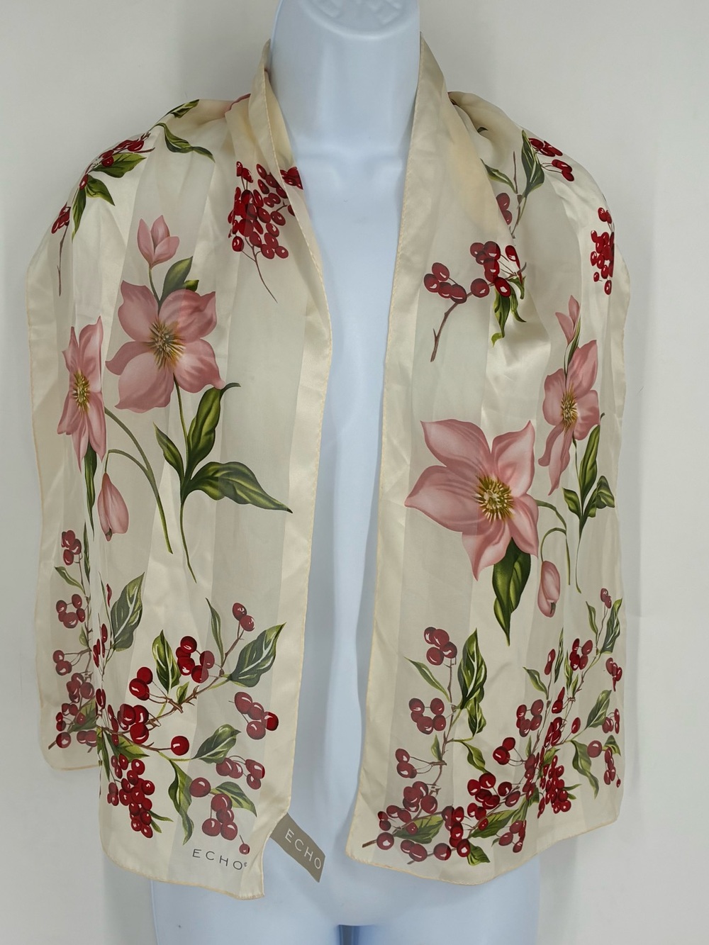 Vintage ECHO 100% Silk Ivory Multicolor Floral Berries Semi Sheer Oblong Scarf